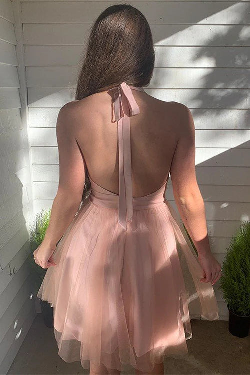 Weitese Dress A-Line Blush Deep V-Neck Tulle Homecoming Dress Sleeveless Open Back Party Dress
